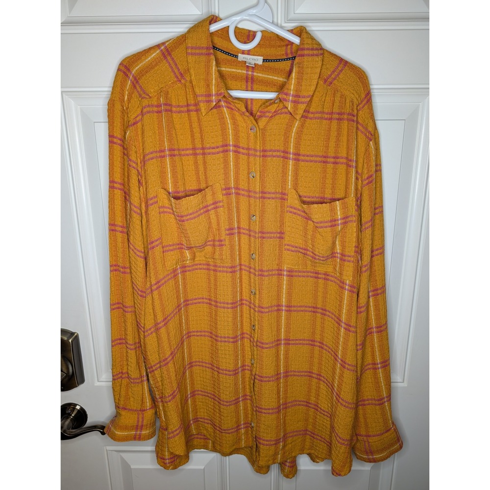 Pilcro x Anthropologie Orange & Pink Plaid Front Button Top Size XL Oversized